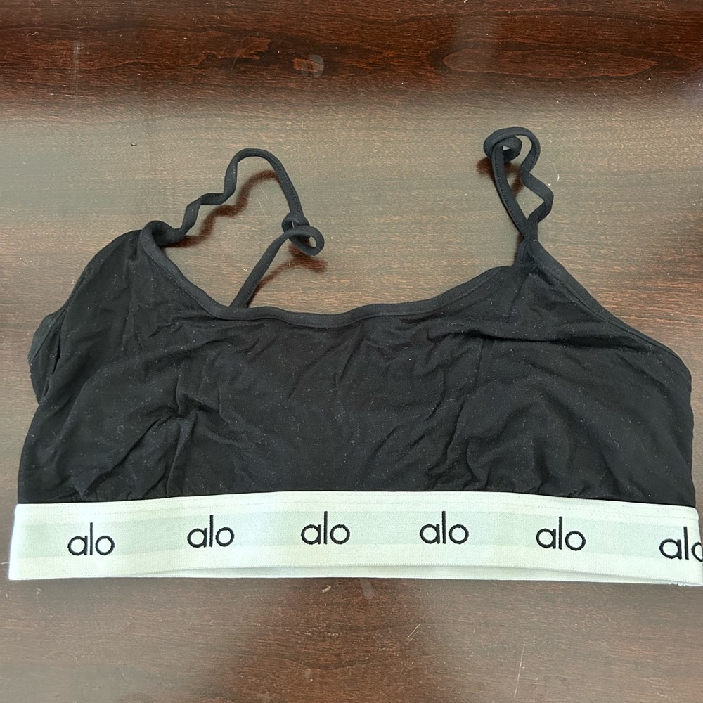 ALO Yoga lightweight Black Crop Bralette with White Logo Band women’s Small